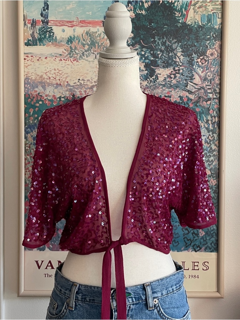 Vintage Y2K Hot Kiss Cropped Sequin Tie Front Bolero Medium Burgundy Festival